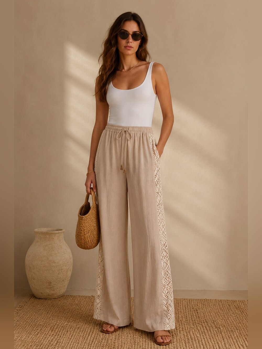Zara Wide Leg Crochet Lace Trim Pants M Beige Boho High Rise NWT